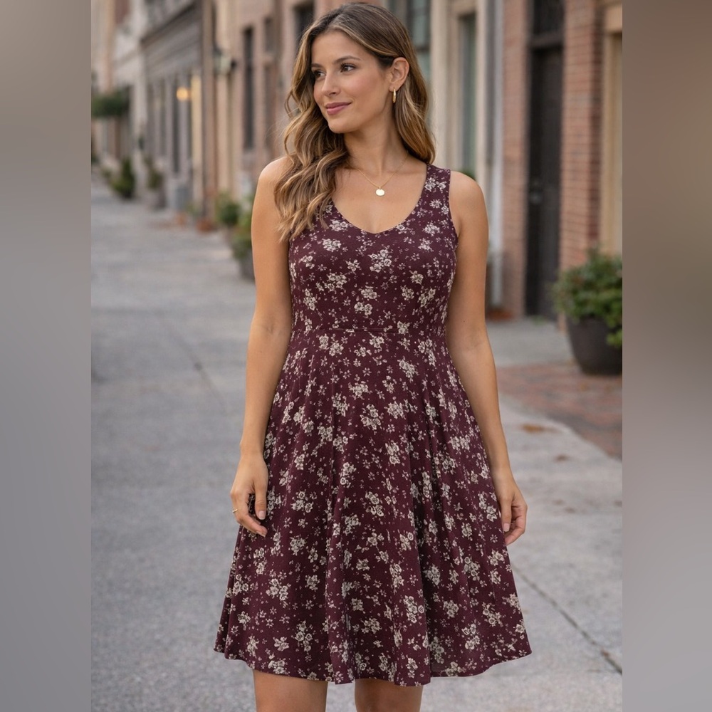 3/$30 -  Vintage Hand-Made Floral Burgundy Dress with buttons in the back